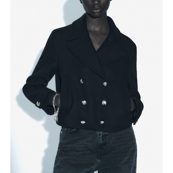 ZARA WOMAN  WOOL BLEND CROPPED COAT JACKET GOLD BUTTON Navy size Small - Picture 1 of 13